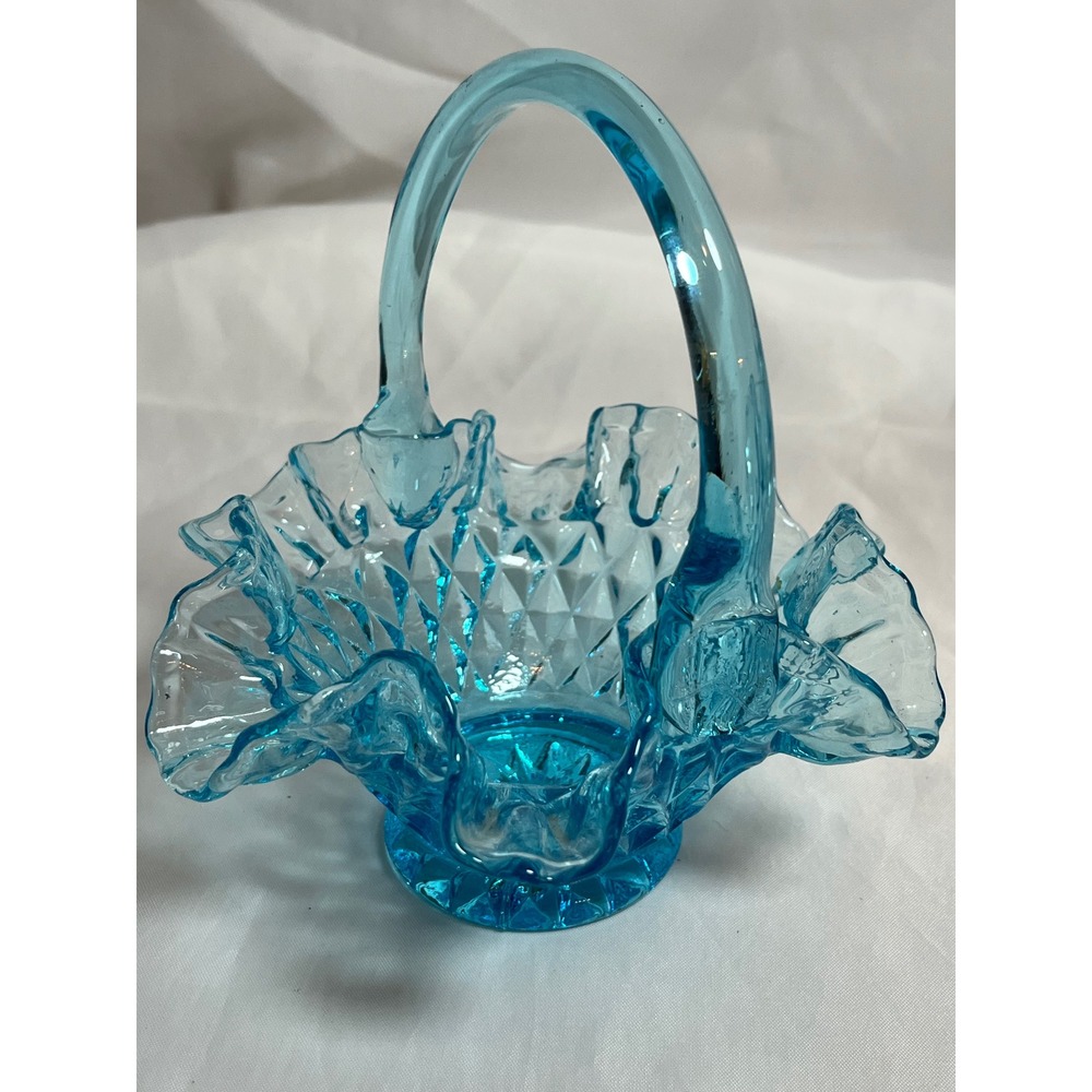 Vintage Blue Pressed Glass Basket Diamond Point Ruffled Edge Candy‎ Dish Aqua